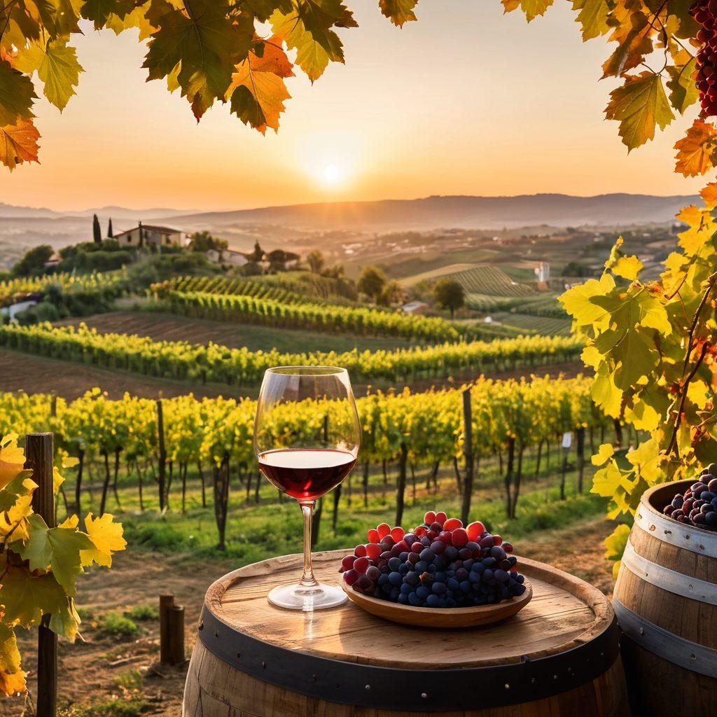 A picturesque vineyard in Arzignano, Italy, showcasing lush grapevines ripe for harvest under a golden sunset. In the foreground, a rustic wine glass filled with deep red wine reflects the warm light, while wooden barrels rest nearby. Incorporate elements of traditional Italian architecture in the background, enhancing the local charm. Capture the essence of the region's winemaking heritage with vibrant colors. super-realistic. vibrant colors. golden hour lighting.