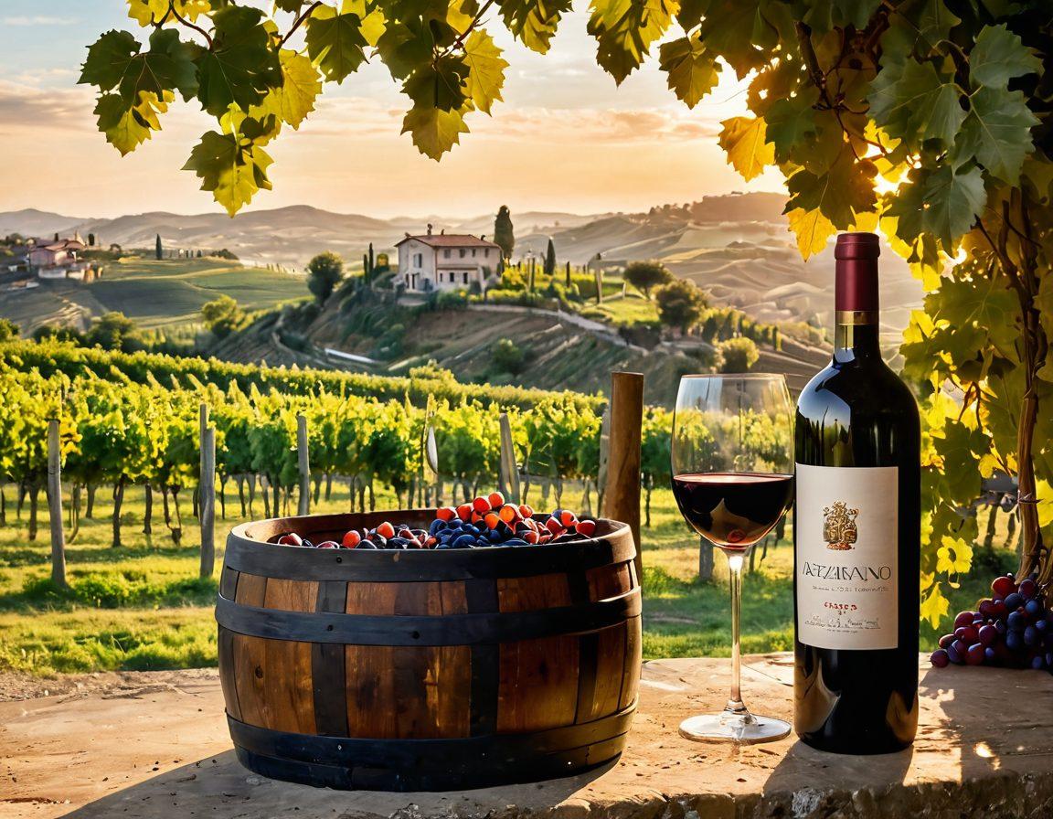 A picturesque vineyard in Arzignano during sunset, showcasing lush grapevines with ripe grapes, a rustic wine barrel, and a glass of red wine reflecting the golden light. In the background, the charming Italian countryside with rolling hills and a quaint villa. Infuse the visual with warm tones and inviting details to evoke a sense of luxury and tradition in Italian wine culture. super-realistic. vibrant colors. natural lighting.