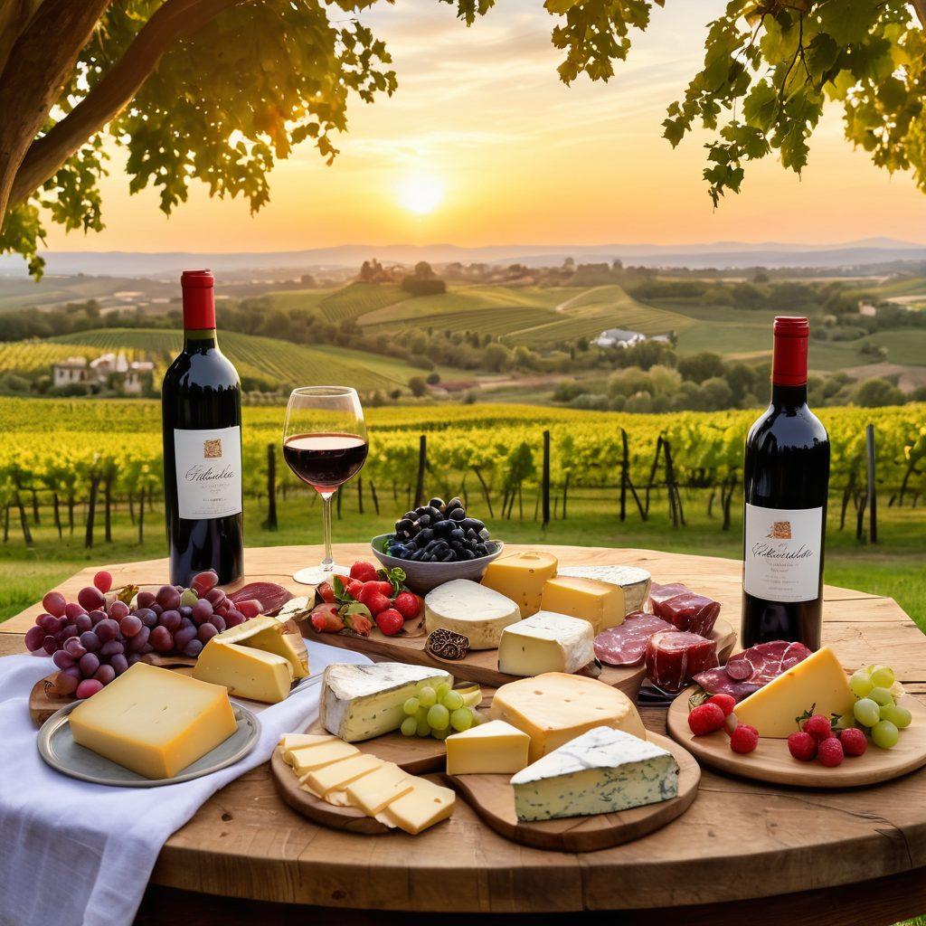 A beautifully set rustic wooden table with an elegant selection of vibrant red and white wine bottles, surrounded by an array of gourmet cheese, fruits, and charcuterie. In the background, lush vineyards stretch under a golden sunset, creating a warm and inviting atmosphere. A couple happily sampling wine while discussing pairings adds a personal touch to the scene. super-realistic. vibrant colors. golden hour lighting.
